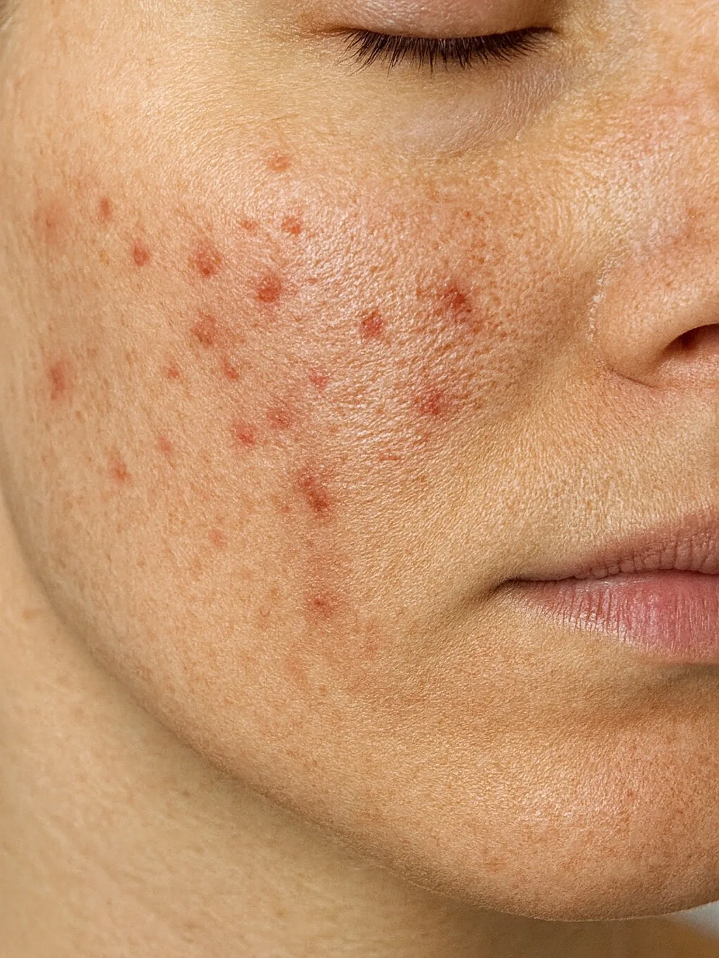 Bochecha com lesões inflamatórias de acne espalhadas.